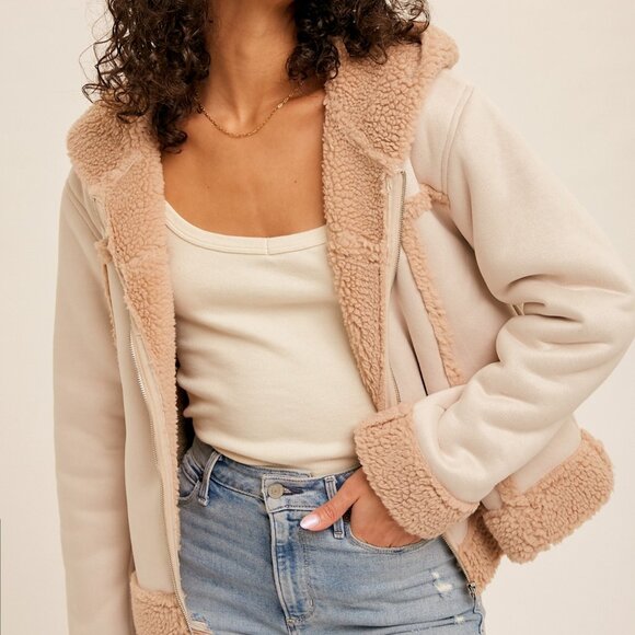 HEM & THREAD Cozy Sherpa Lined Hooded Jacket, Beige Tan, Faux Shearling Teddy - Picture 1 of 9